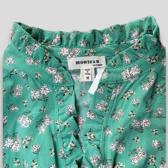 MONTEAU COTTEGECORE HIPPIE BOHO FLORAL FRILL CAP SLEEVE BLOUSE GREEN MEDIUM - Picture 7 of 8